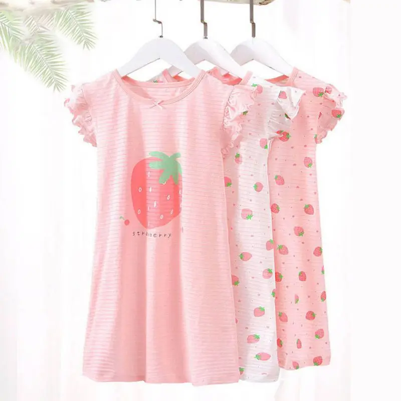 2-9T Summer Girls Pajamas Dress Cute Flying Sleeved Soft Cotton Nightdress Baby Sleeping Dress Children Homewear Night Sleepwear