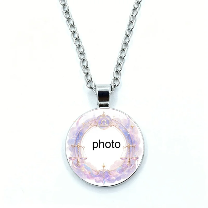 Custom Photo Necklace Crystal 12 Zodiac Signs Personalized Glass Cabochon Pendant Necklace Baby Mom Dad Family Anniversary Gift