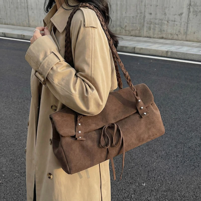 

Новинка 2026: Женские сумки через плечо из высококачественной однотонной замши, вместительные сумки-шопперы, роскошные сумки-тоут