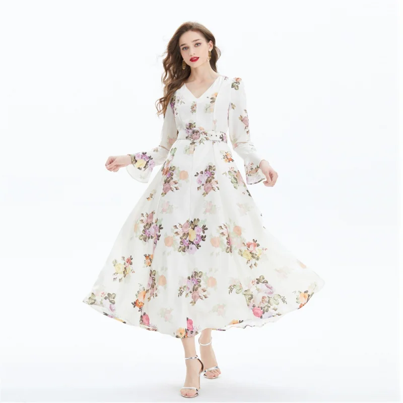 Robe longue à col en V imprimée à manches évasées pour femmes, tempérament de printemps, robe couvertes adt, robe de soirée décontractée, robe éducative, nouveau, 2024