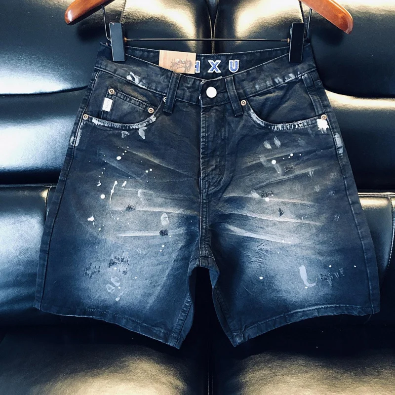 Men's Denim Shorts 2026 Summer Black Vintage Washed, Torn Paint Pattern, Thick Workwear, Versatile Daily Casual Five-Point Stree