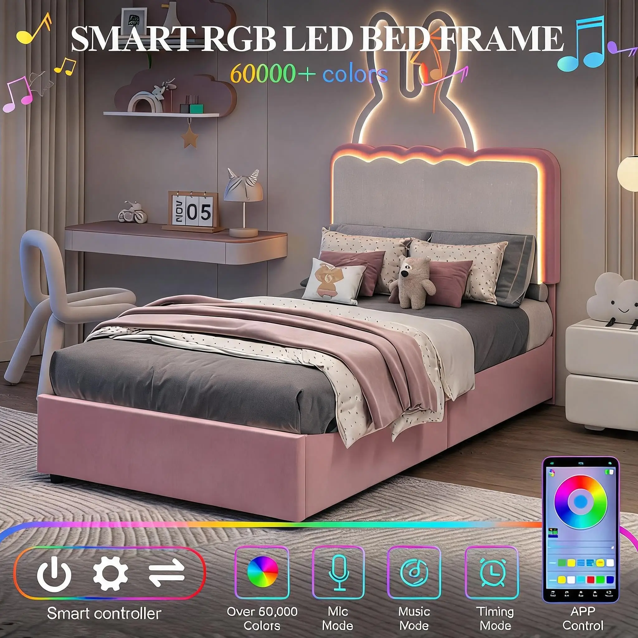 LED Upholstered Platform Bed Frame with 2 Storage Drawers – Adjustable Double Wave Headboard, Velvet Princess Style, Heavy Duty Metal & Wood Support, No Box Spring Needed, Modern Bedroom Furniture, Queen - view 2