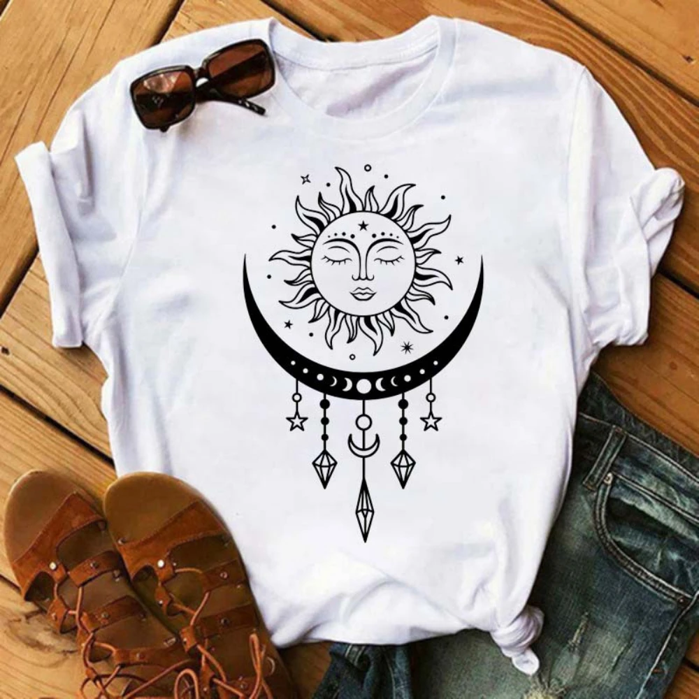 Fashion Gold and White Sun Moon Stars Women T Shirt Short Sleeve Women Tshirt Durable Plus-size Casual T-shirt Daily Streetwear