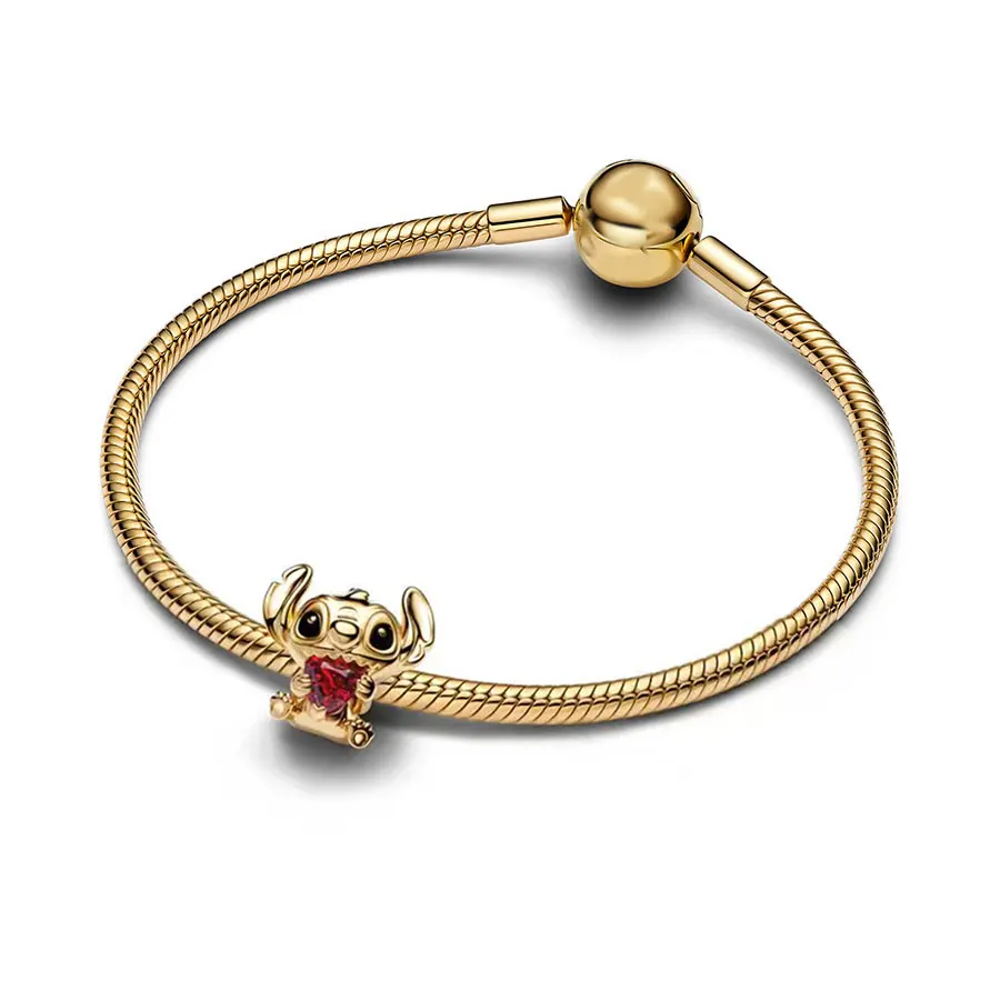 الخرز قلادة من سلسلة Disney Golden Stitch من الفضة الإسترلينية عيار 925 الأكثر مبيعًا، مثالية للاستخدام مع الأساور الأصلية التي يمكنك صنعها بنفسك! أ فا