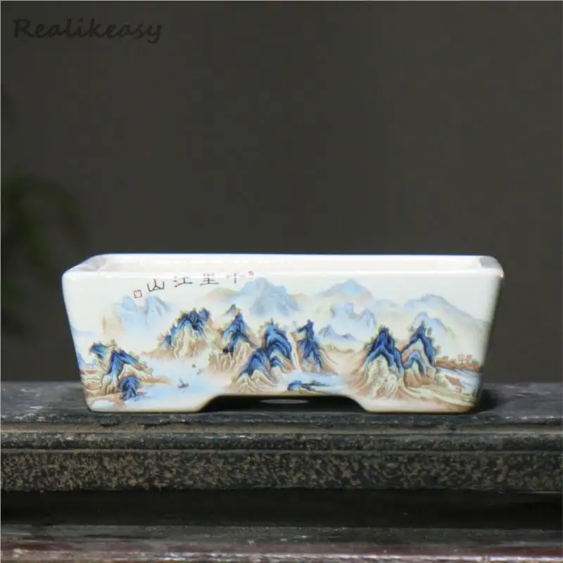 6 Size Chinese Rectangular Hand-Painted Succulent Flower Pot Ceramic Bonsai Pot Household Desktop Decorative Flower Pot LE374