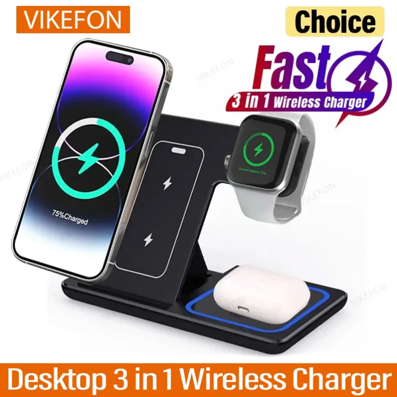 

Беспроводное зарядное устройство VIKEFON 3-в-1 для рабочего стола, складная станция быстрой зарядки для iPhone 17-12, Apple Watch 10/9/8/7/6, AirPods 3/2