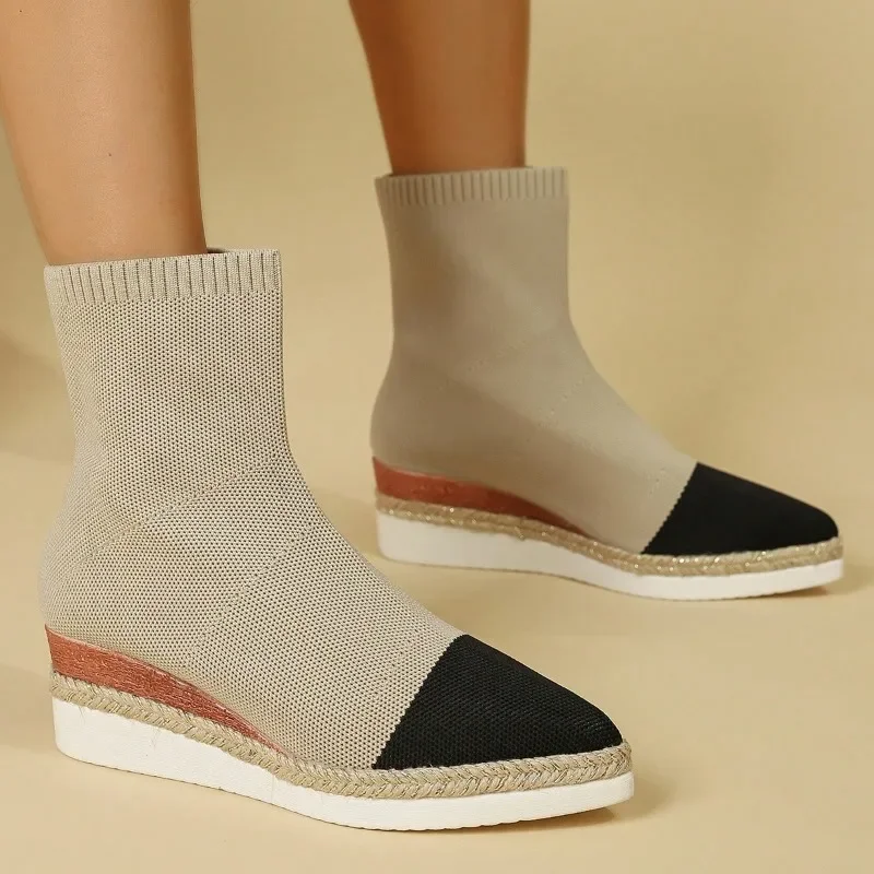 

2025 новые модные женские осенне-зимние соломенные ботинки на танкетке и высоком каблуке, женские эластичные ботинки, тонкие носки, ботинки