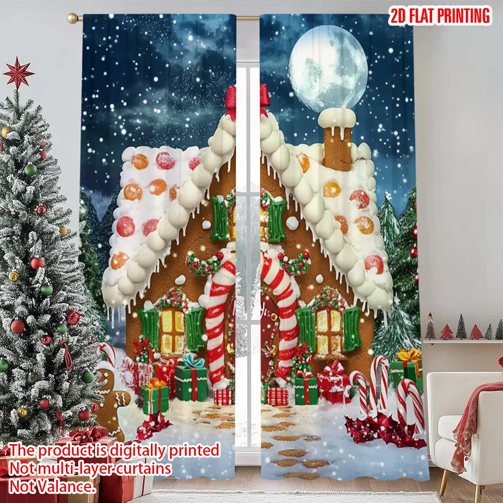 

2pcs 2D flat printing Merry Christmas Popular Curtains Winter Christmas gingerbread house Durable 100% Polyester Fabric Without