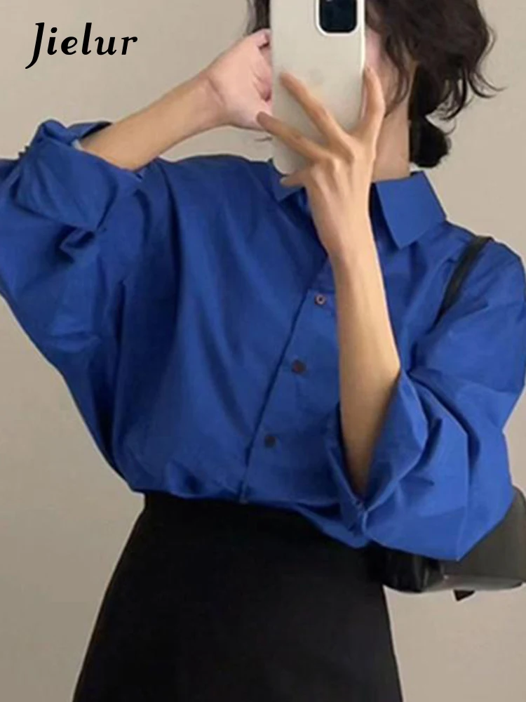 Jielur New French Style Blue Women Shirt Solid Color Batwing Sleeve Single Breasted Polo Neck Fashion Chic Elegant Female Shirts