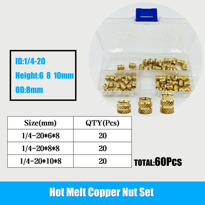

1/4 латунный тепловой набор, вставка, гайка, размер дюйма, рифленая ручка, термоплавкий литьевой пресс, встраиваемая Встраиваемая Медная гайка, 3D принтер