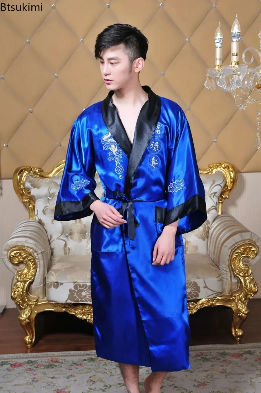 New2024 Chinese Style Embroider Dragon Robes Casual Satin Pajamas Robe Man Females Tang Suit Couple Kimono Bathrobe Home Clothes