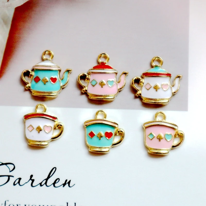 10PCS Colorful Tea Cup And Tea Pot Alloy Enamel Pendant Love Shiny Charm DIY Necklace Bracelet Earring Keychain Accessories