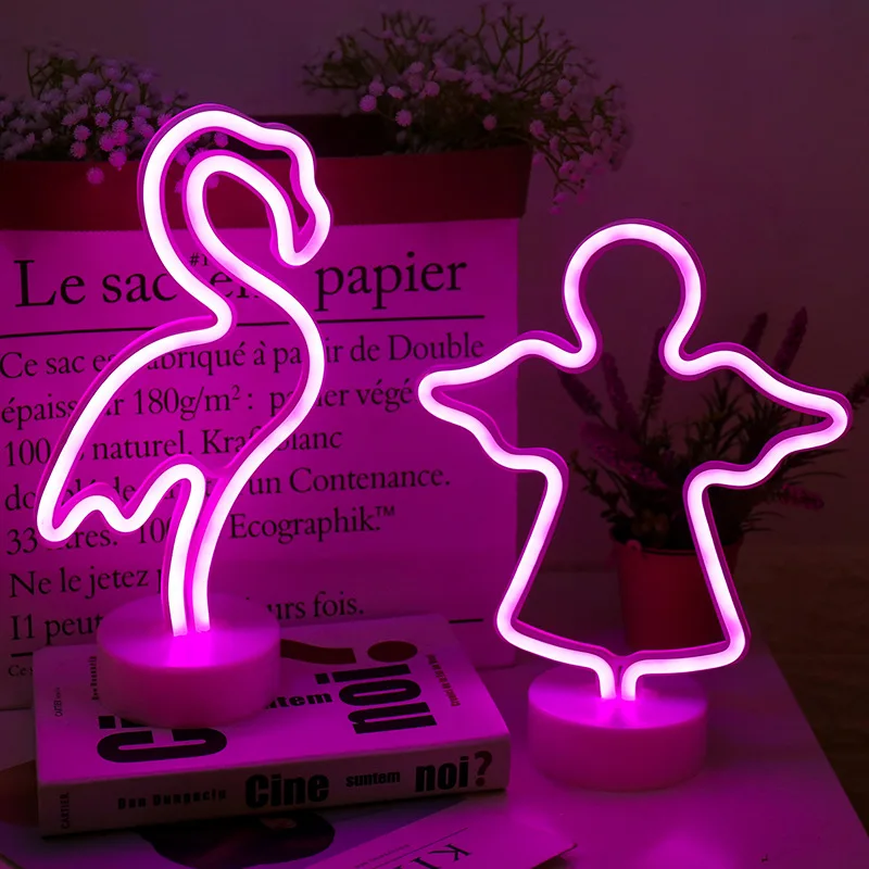 

Room Decor Angel Flamingo Neon Light Sign LED Night Light USB Or Battery Power Table Lamp For Christmas Wedding Party Decoration