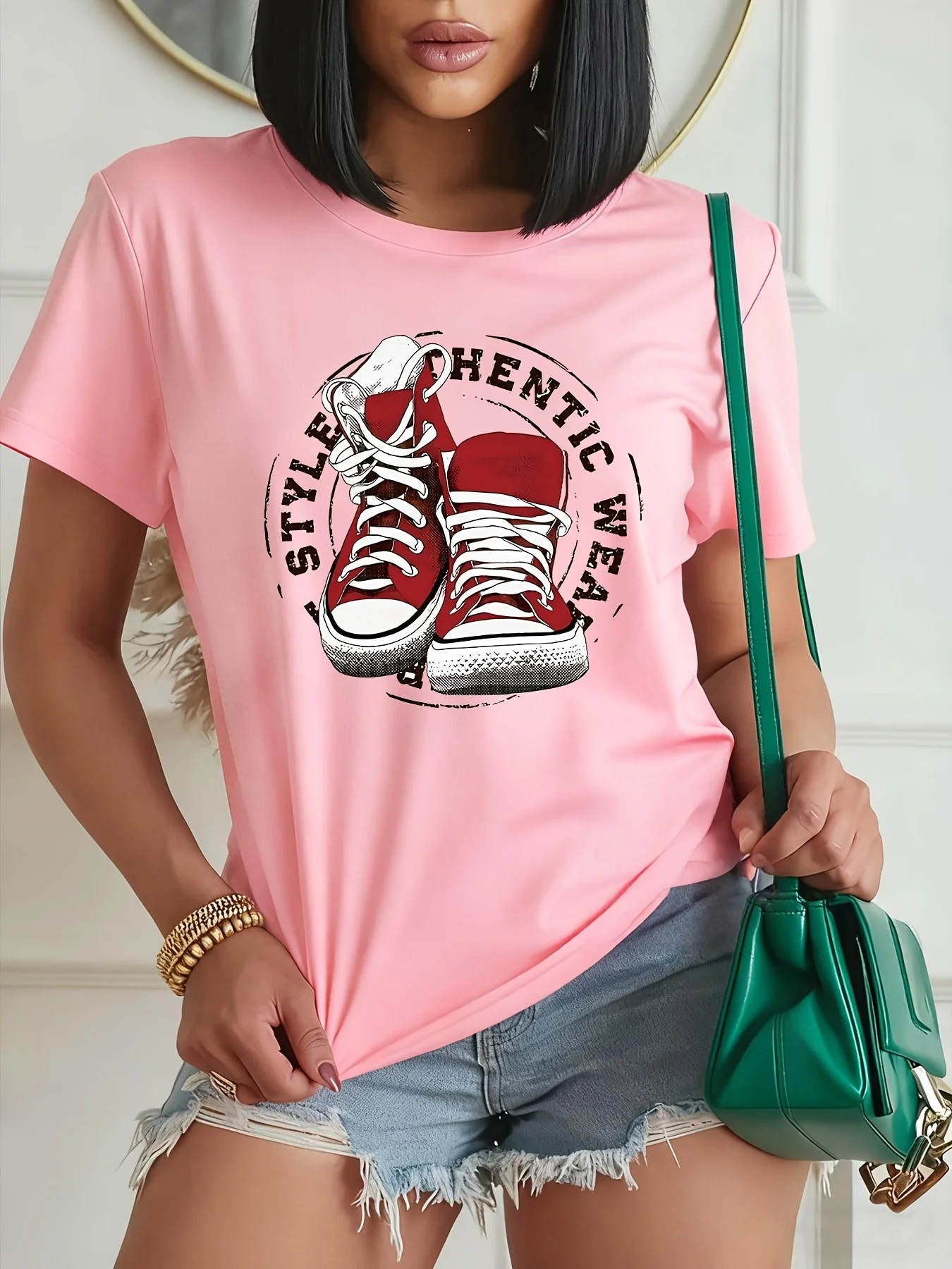 Vintage Red Sneakers Circle Stamp Letter Retro Art Print Graphic Womens T Shirt Short Sleeve Crew Neck Casual Ladies Tee Tops