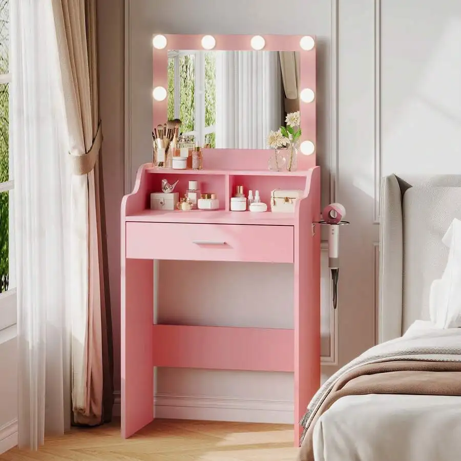 WLIVE Simple Sleek Vanity Desk Small Compact Makeup Vanity For Bedroom Small Space With 3-Color Lighted Mirror Storage Drawer Ha