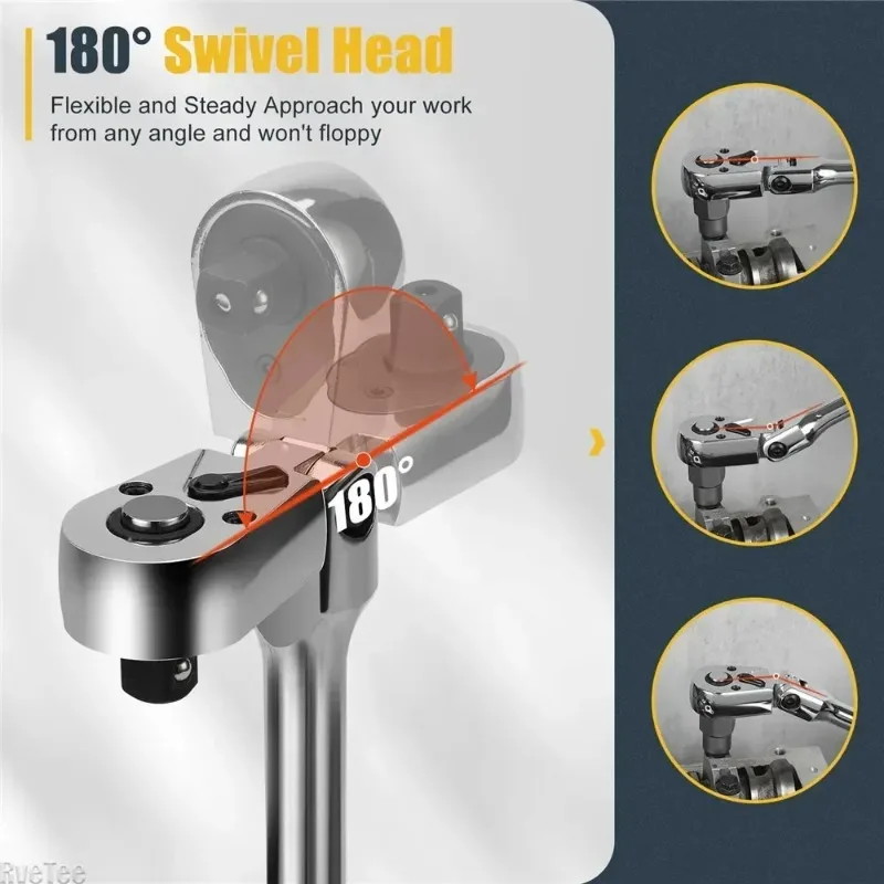 

6pcs Ratchet Wrench Set, 1/4 3/8 1/2 Drive Flex Swivel Head Spanner, 72 Tooth 180 Adjustable Wrench with Extension Bar Tool