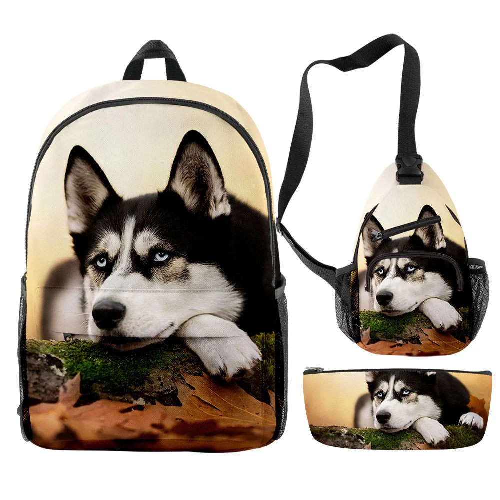 

Classic Novelty Peculiar Funny Cool Husky 3D Print 3pcs/Set pupil School Bags Travel Laptop Backpack Chest Bag Pencil Case