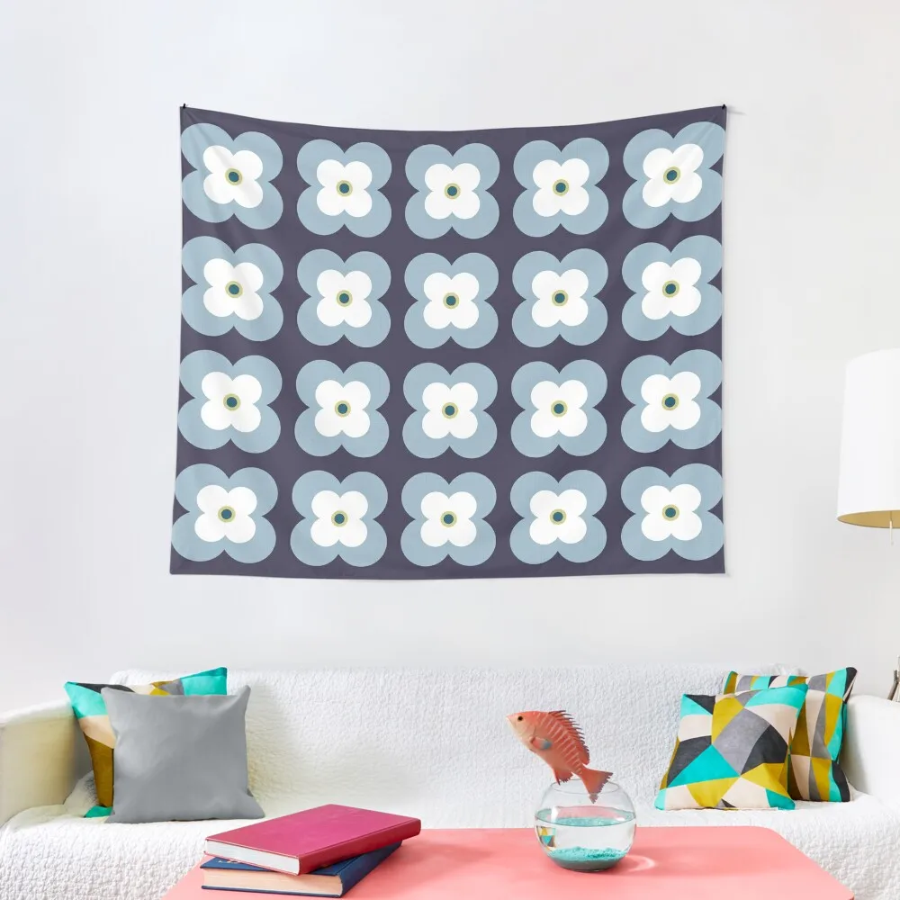 Mod Blossoms - Navy and French Blue Tapestry Japanese Room Decor Wall Hangings Decoration Room Decorations Aesthetics Tapestry