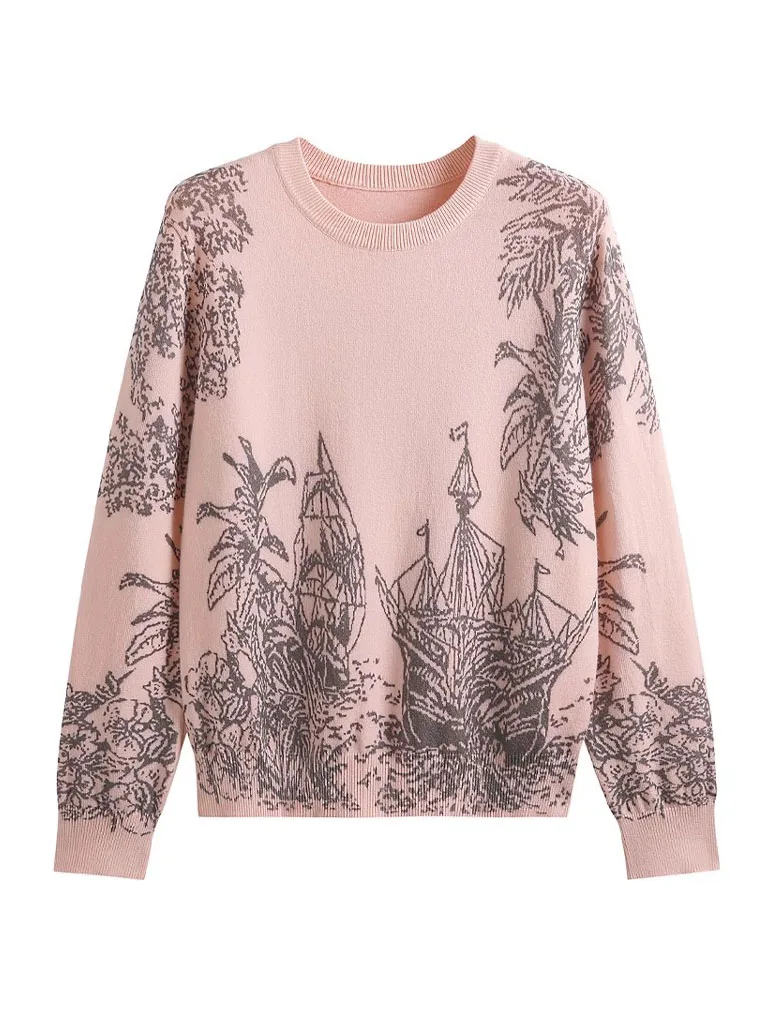 2024 Spring Fall Women Casual Style Pattern Printing Pullover Sweater Classic Crew Neck Knit Tops C-069