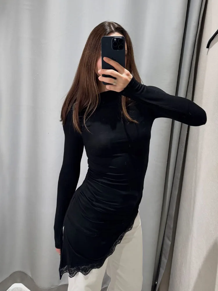 

HH Woman Spring Fashion Boat Collar Long Sleeves Asymmetrical Hem Folds Lace Decoration T-shirt Female Elegant Chic Casual Tops