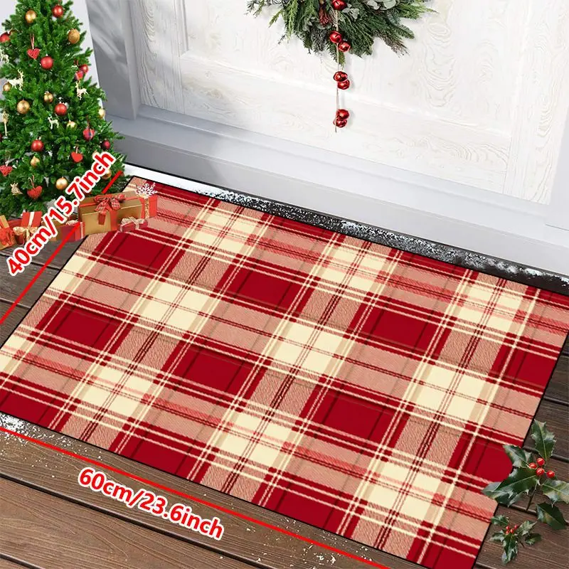 VIKAMA Buffalo Plaid Welcome Mat Red Cream Check Snowflake Non Slip Washable Absorbent Front Door Christmas Holiday Decor