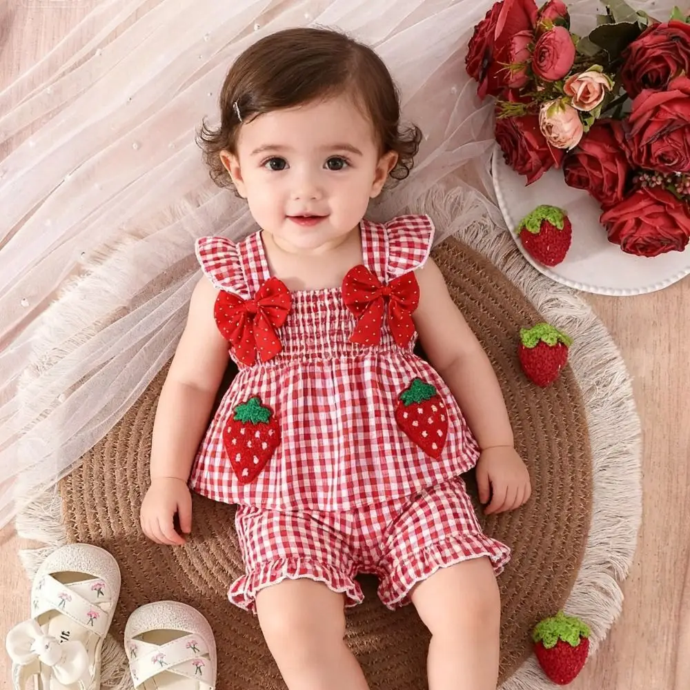 2pcs/set Strawberry Embroidered Toddler Girl Outfit Ruffled Trim Breathable Summer Outfit Sweet Plaid Bows Toddler Clothes Set