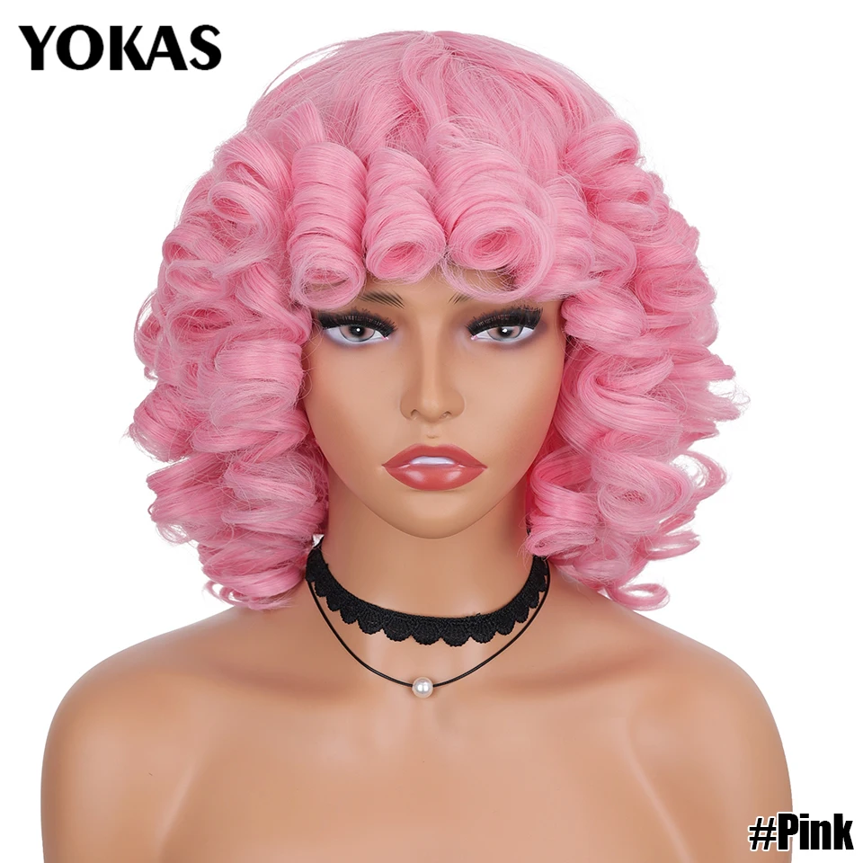 Kurze Haare Afro Verworrene Lockige Perücken Synthetische Mit Pony Für Schwarze Frauen Flauschige Afrikanische Ombre Cosplay Natürliche Braune Perücken Afro YOKAS – Detail 11