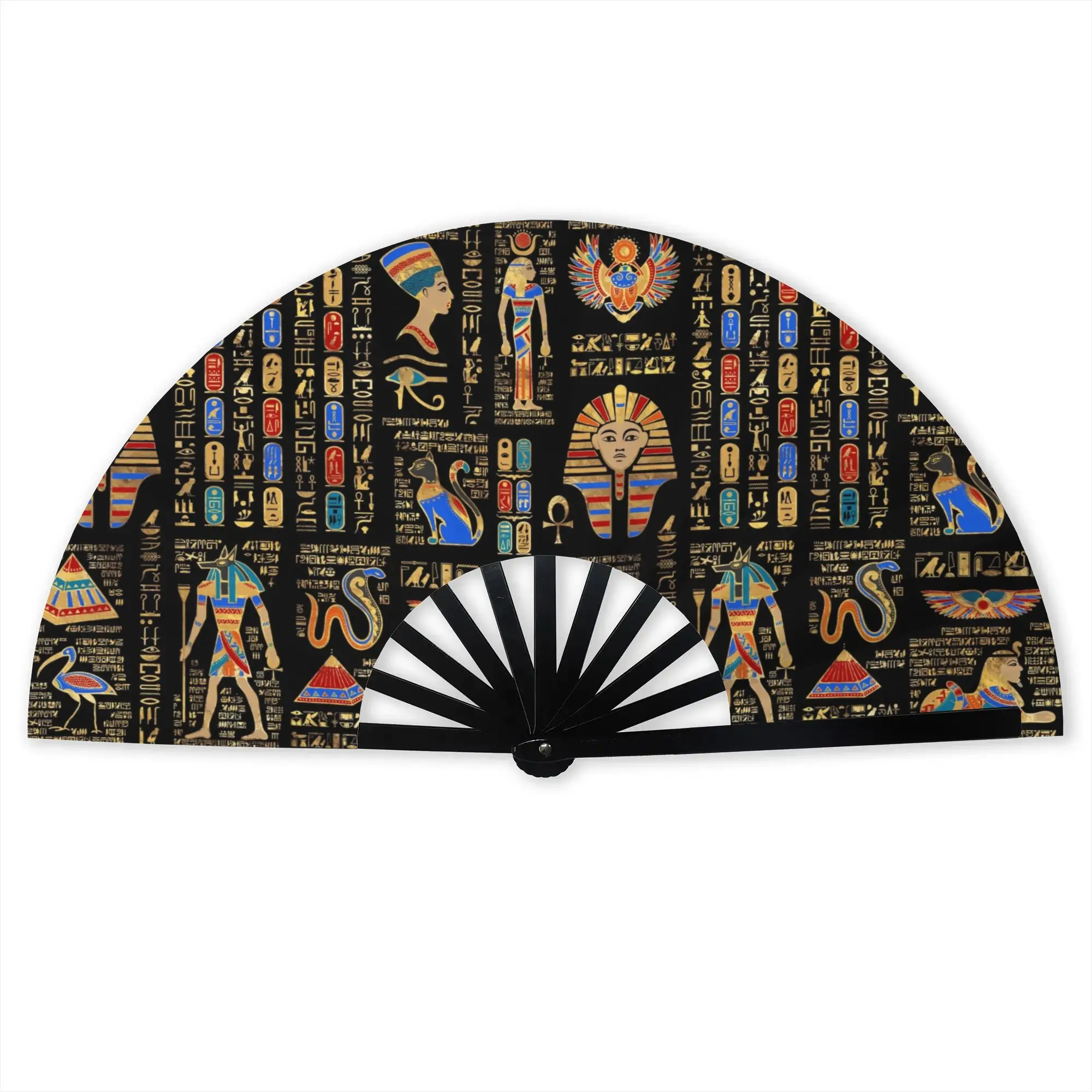 Egyptian Hieroglyphs Stylish Hand Fan Ancient Egypt Symbol Printed Polyester Fan Trendy Costume Prop Folding Fans For Events