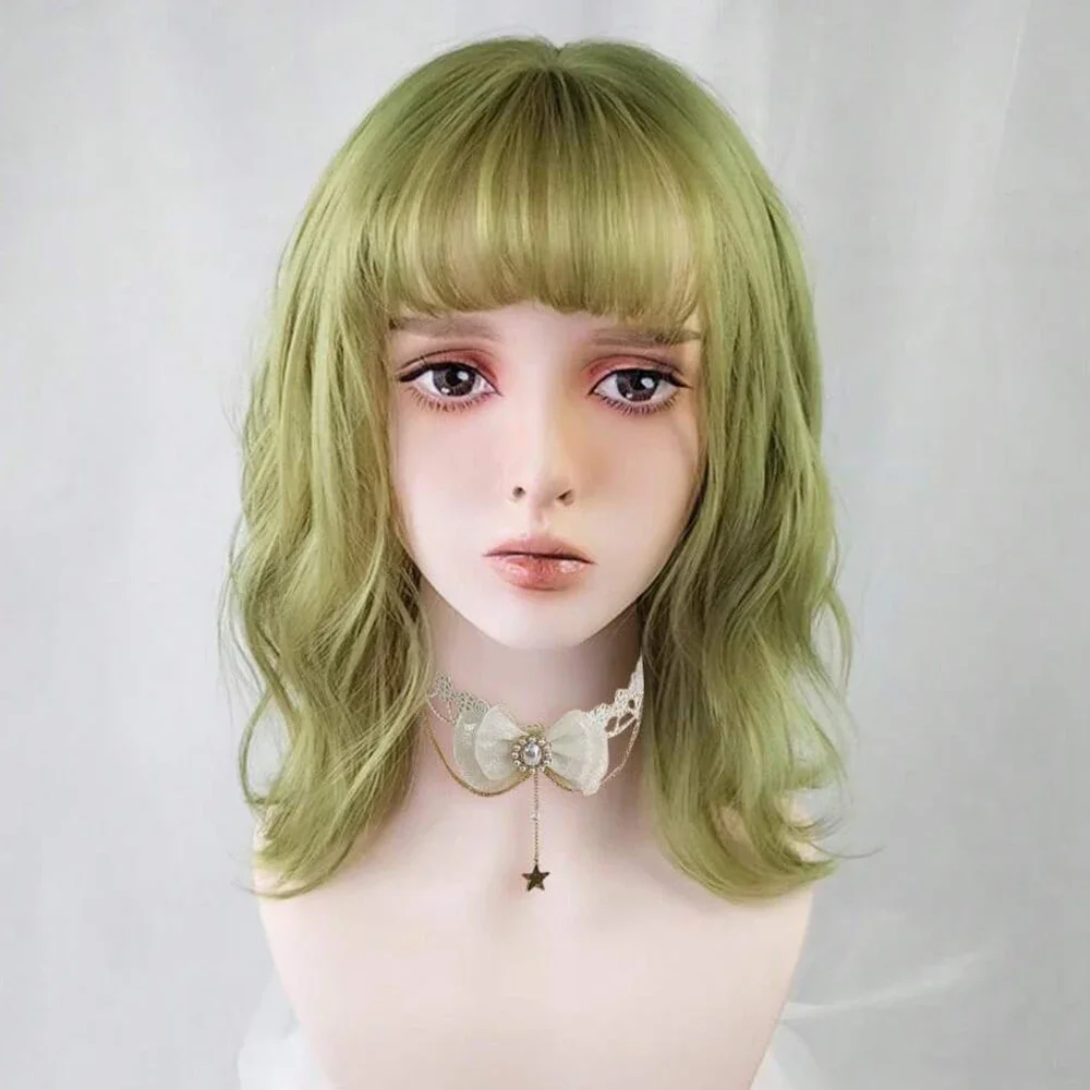 Green Short Bob Synthetic Wig With Bangs Curly Role-playing Wig Women\'s African Wave Heat-resistant Hair.