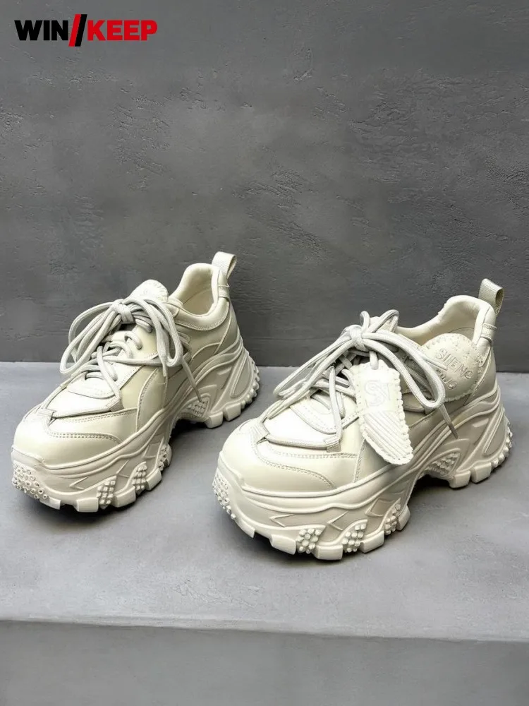 Autumn Women Genuine Leather Sneakers Round Toe Thick Soled Height Increasing Shoes Lace Up Breathable Jogger Running Trainers