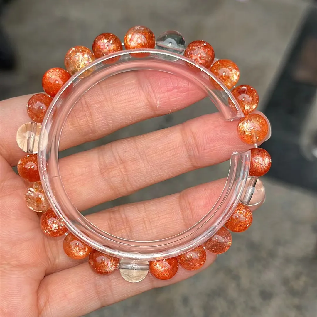 Natural Orange Red Sunstone Strawberry Quartz Beryl Bracelet Arusha 8.2mm Clear Round Beads Women Bangle AAAAAA