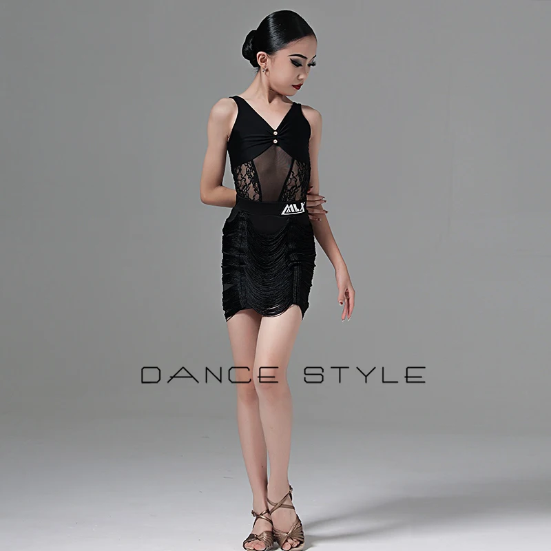 Nouveaux enfants sangle haut gland jupe noir tenues latines Samba Chacha Rumba robe danse latine Performance porter pour les filles DQS20277