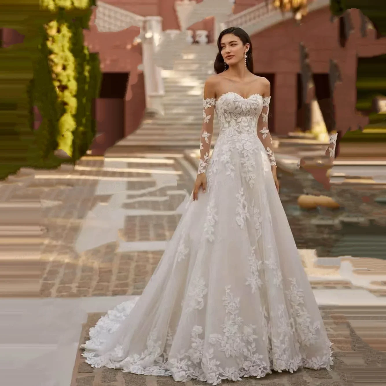 Apliques de luxo personalizados vestidos de casamento uma linha vestidos de noiva femininos manga longa fora do ombro elegante princesa tule vestidos