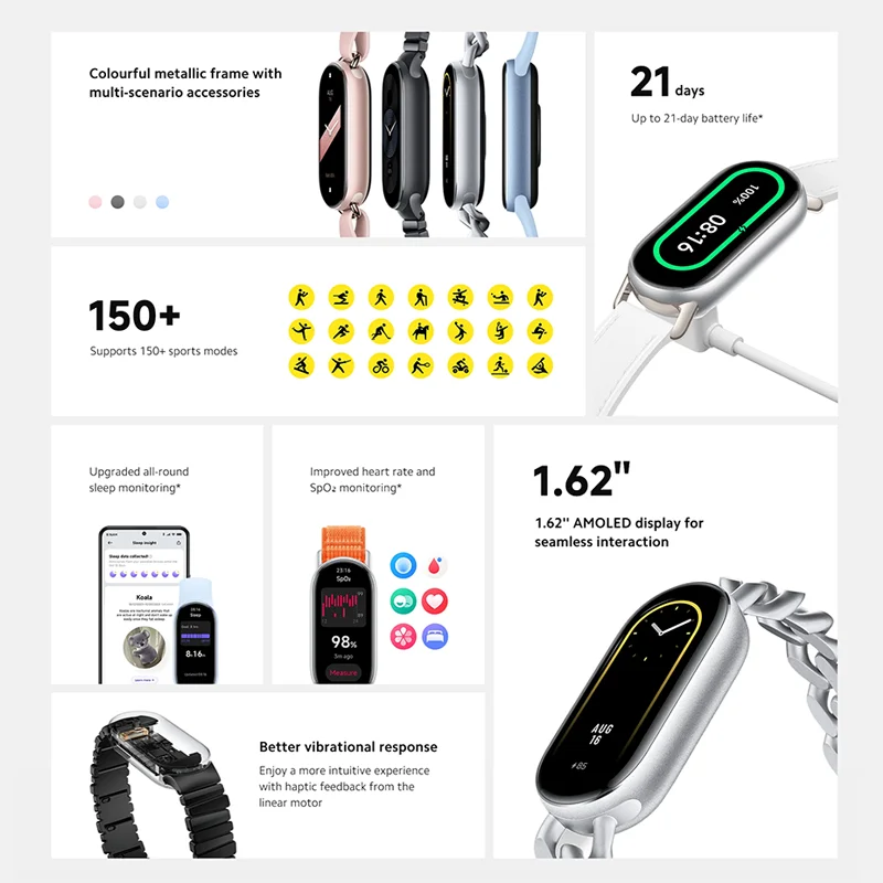 الإصدار العالمي من Xiaomi Smart Band 9 شاشة AMOLED مقاس 1.62 بوصة عمر بطارية 21 يومًا 150+ أوضاع رياضية لمراقبة النوم Xiaomi Band 9 جديد