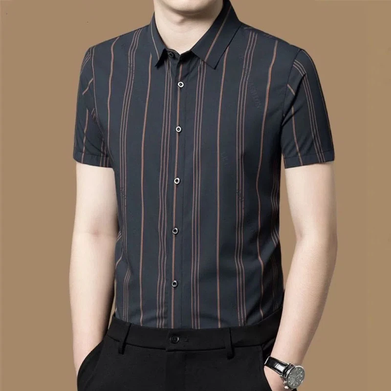 Smart Casual Simplicity Summer Thin Shirts Men\'s Square Collar Striped Single Breasted Trend Versatile Short Sleeve Slim Tops