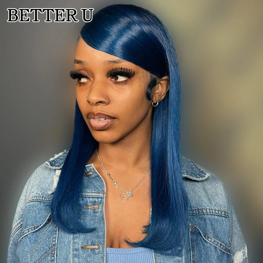 

13x4 13X6 Lace Front Pre-Stretched Wig Transparent Lace Front Wig Human Hair High Gloss Wig Dark Blue Straight 250 Density