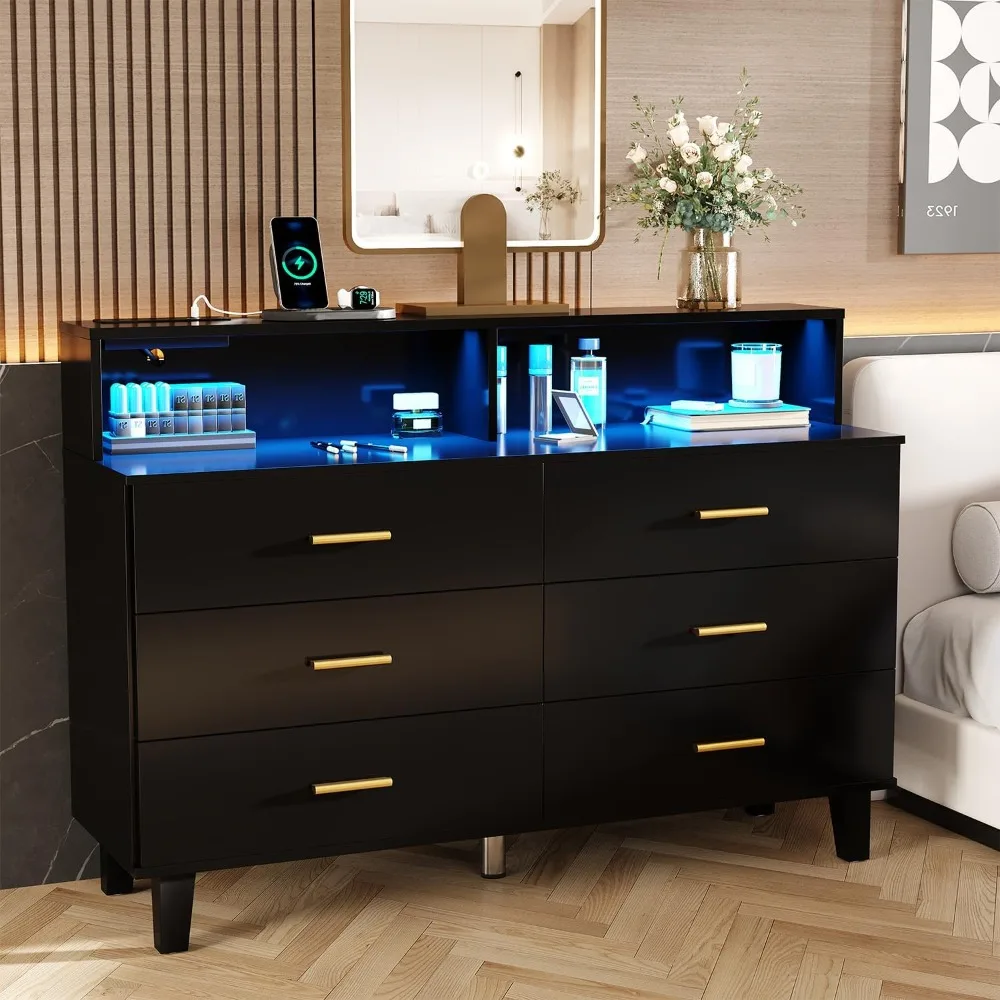 Black Dresser with LED Lights, 6 Drawer Dresser with Power Outlet for Bedroom, Large Wooden Chest of Drawers, Organizer Cabinet