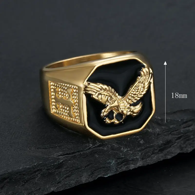 Hip Hop Rock Stainless Steel Hawk Eagle Round Finger Rings for Men Rapper Jewelry Gold Silver Color Drop Shipping