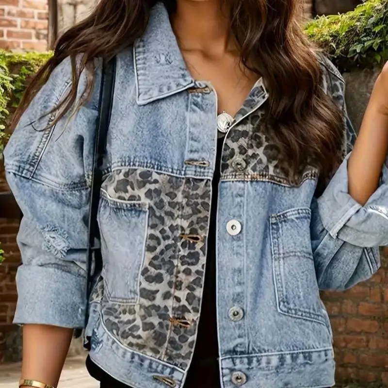 Faionable ليوبارد طباعة الدنيم Jaet 2025 عبر الحدود جديد Sle المرأة ort معطف ليوبارد نمط الربط تصميم #5