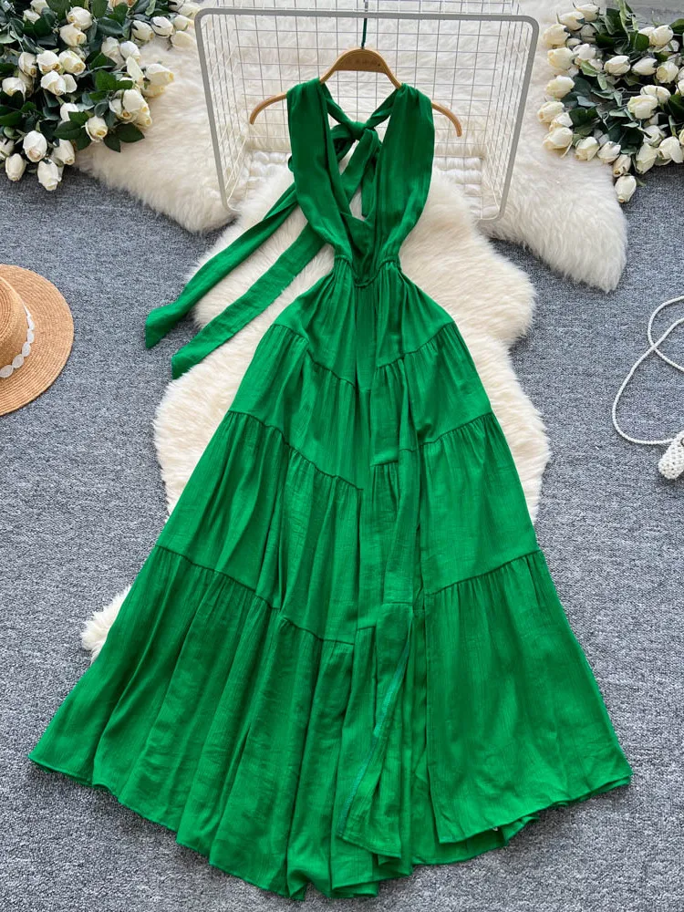 Beach Vacation Style Women's Dress Summer High Waist A-Line Long Skirt with Side Slit Strapless Backless Design Casual Wear