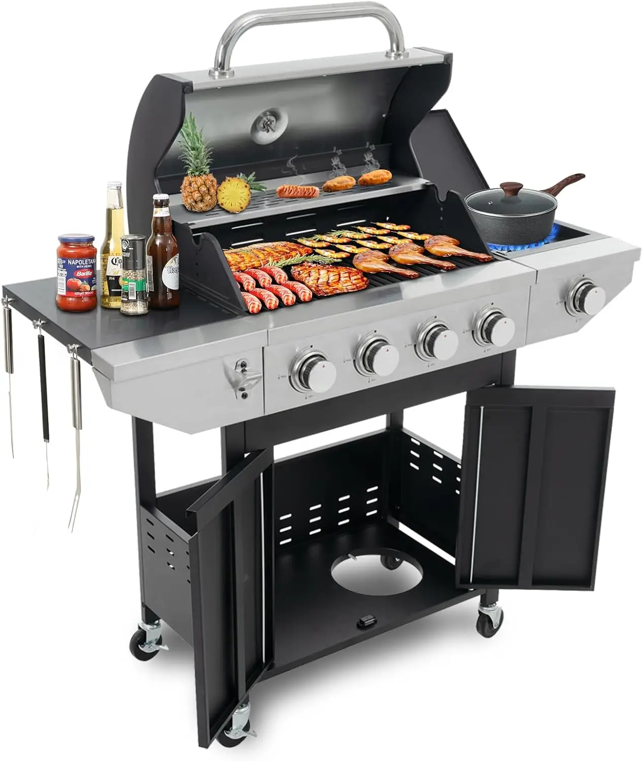 4-Burner Propane Gas Grill Bbq Stainless Steel Outdoor Cooking Grill With Side Burner, 46,700 Btu, Removable Grease Tray,