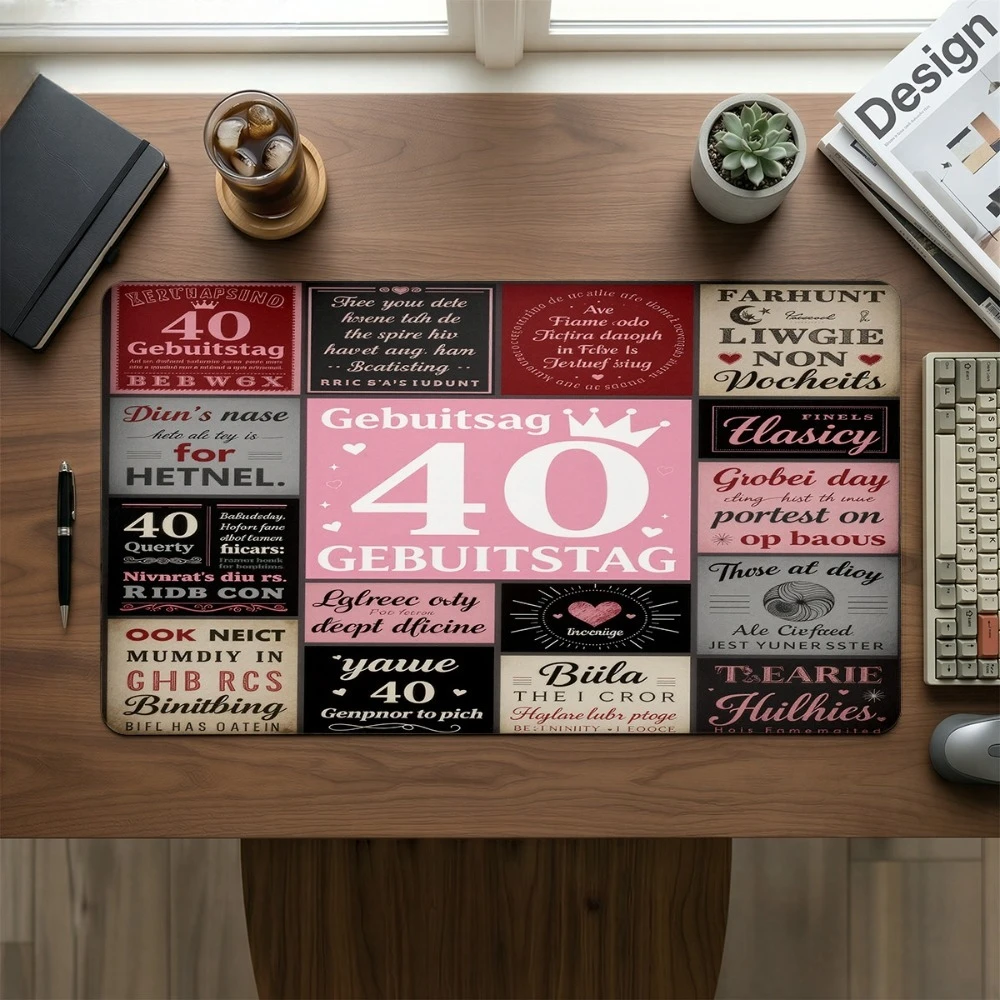 With retro birthday logo, pink crown and heart decoration, grid background alfombrillas para escritorio alfombrillas gaming