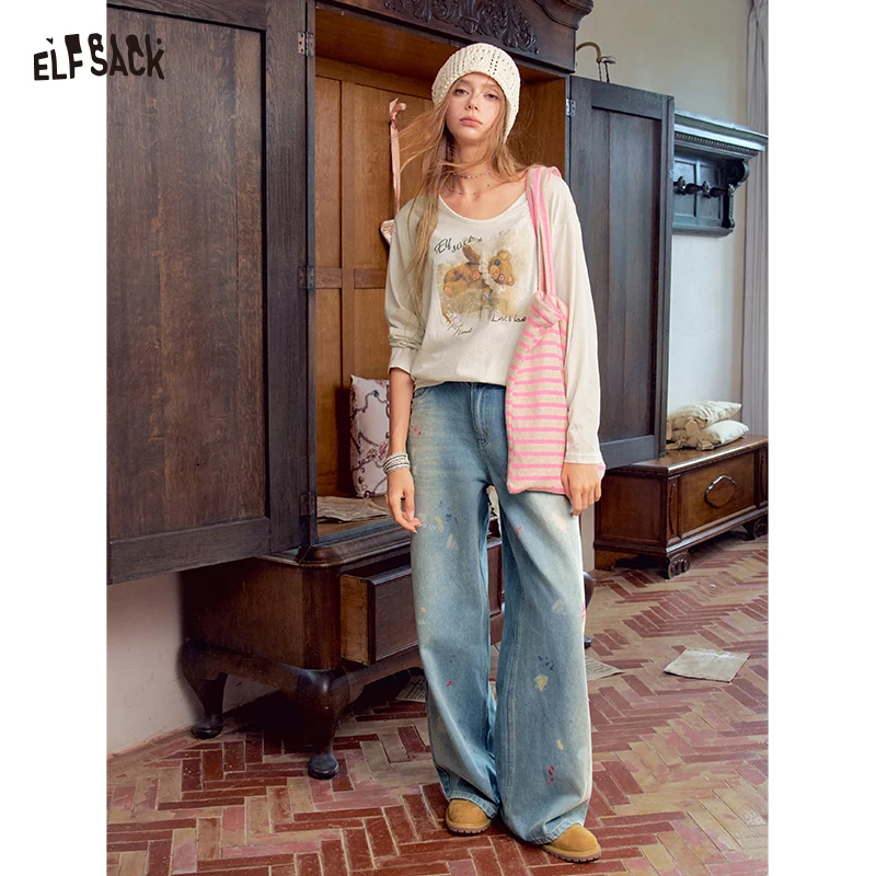 ELFSACK Women's Loose Fit Jeans with Floral Print, Vintage Wide Leg Pants, Casual Graffiti Heart Denim Trousers