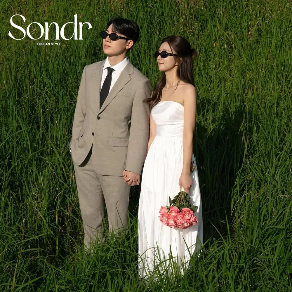 Sondr 심플한 한국 웨딩 드레스 스트랩리스 야외 신부 파티 드레스 맞춤형 우아한 신부 사진 촬영 드레스