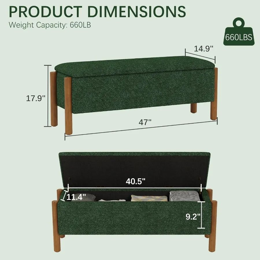 Modern Storage Benches with Walnut Wood Legs 47'' Ottoman Bench with 20 Gallons Storage Space for Bedroom End of Bed Fabric Uph