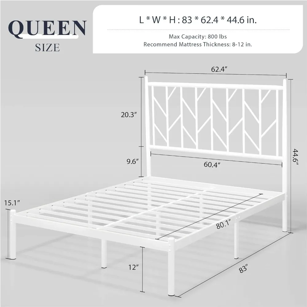 Queen Size Platform Bed Frame With Vintage Headboard Easy Assembly No Box Spring Needed Modern Bed Bases & Frames White Metal