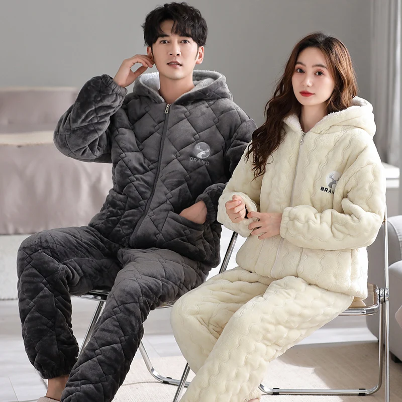 Newest Winter Couple Pajamas Set 3 Layer Clip Cotton Hooded Pyjamas Lovers Thick Warm Home Clothing