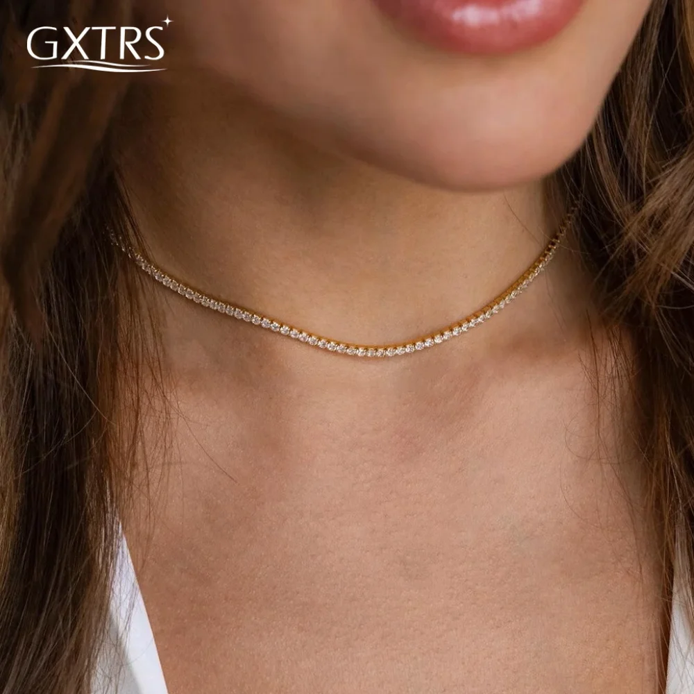 

GXTRS 2 мм полный муассанит теннисные ожерелья для женщин стерлингового серебра 925 пробы лабораторный бриллиант регулируемая цепочка на ключицы подарок ювелирные изделия