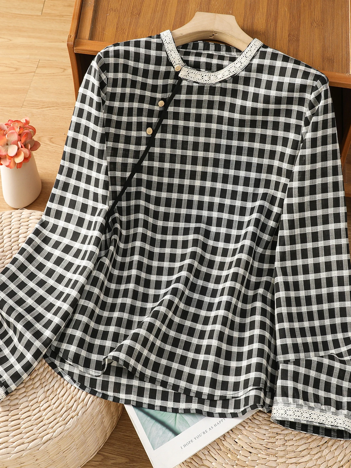 

Ретро-рубашка в клетку с длинным рукавом, круглым вырезом, кружевными вставками, повседневная, больших размеров, женская, художественная, для работы, удобная, хлопковая