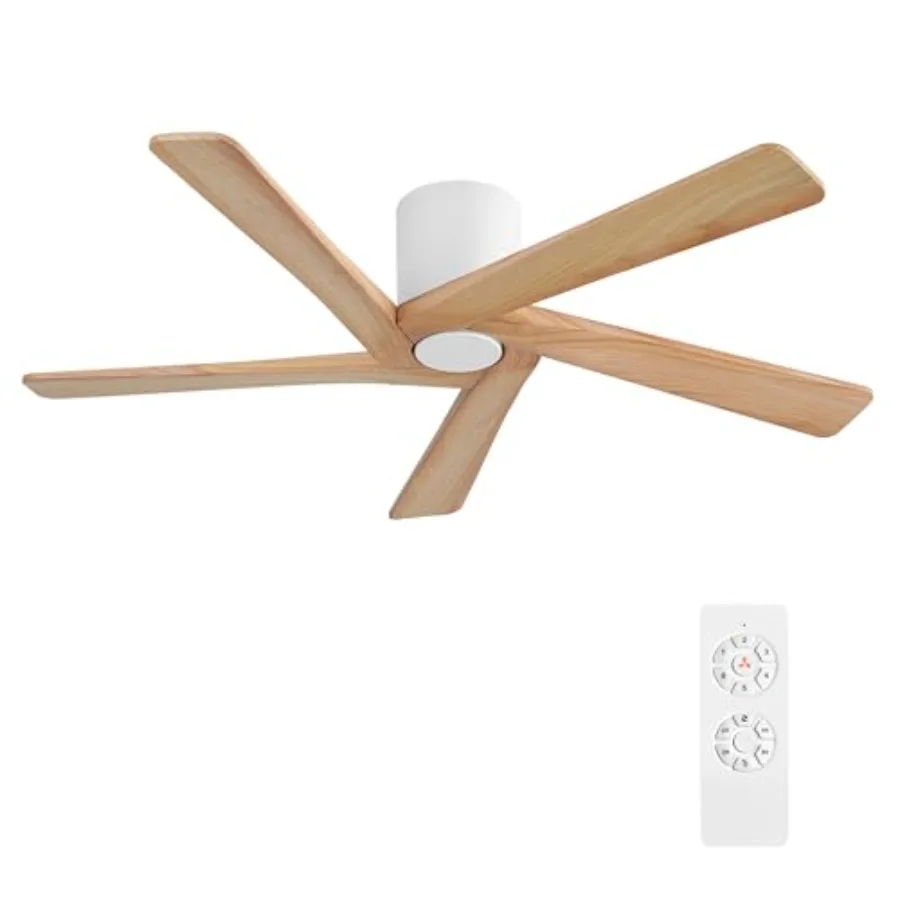 

48 Inch Flush Mount DC Ceiling Fans without Lights, 5 Carved Solid Wood Blades, 6-Speed Reversible DC Motor, Low Profile Hugger